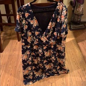 Navy blue floral print wrap dress, flutter sleeves
